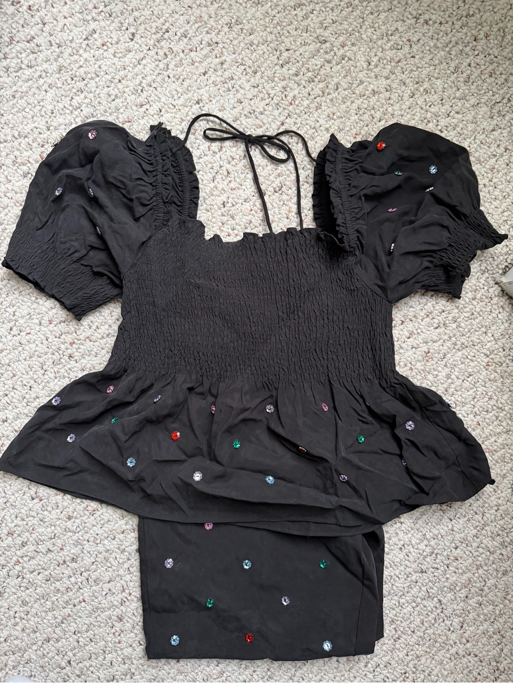 Hill House Smocked Puff-Sleeve Pajama top and pants with Rhinestone Embroidery